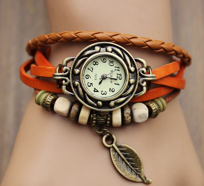 Green Vintage Style Leather Belt Watch With Leaf Pendant -watch Leather ...