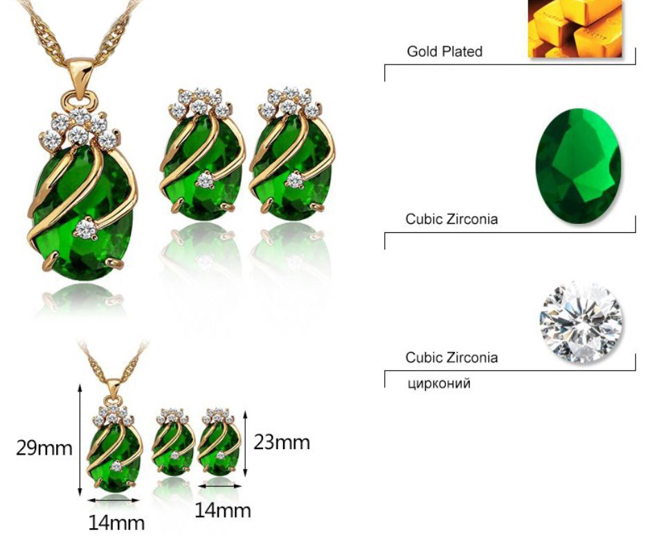 Emerald Green Jewelry Set 18k Gold Plated Green Bridal Jewelry Sets